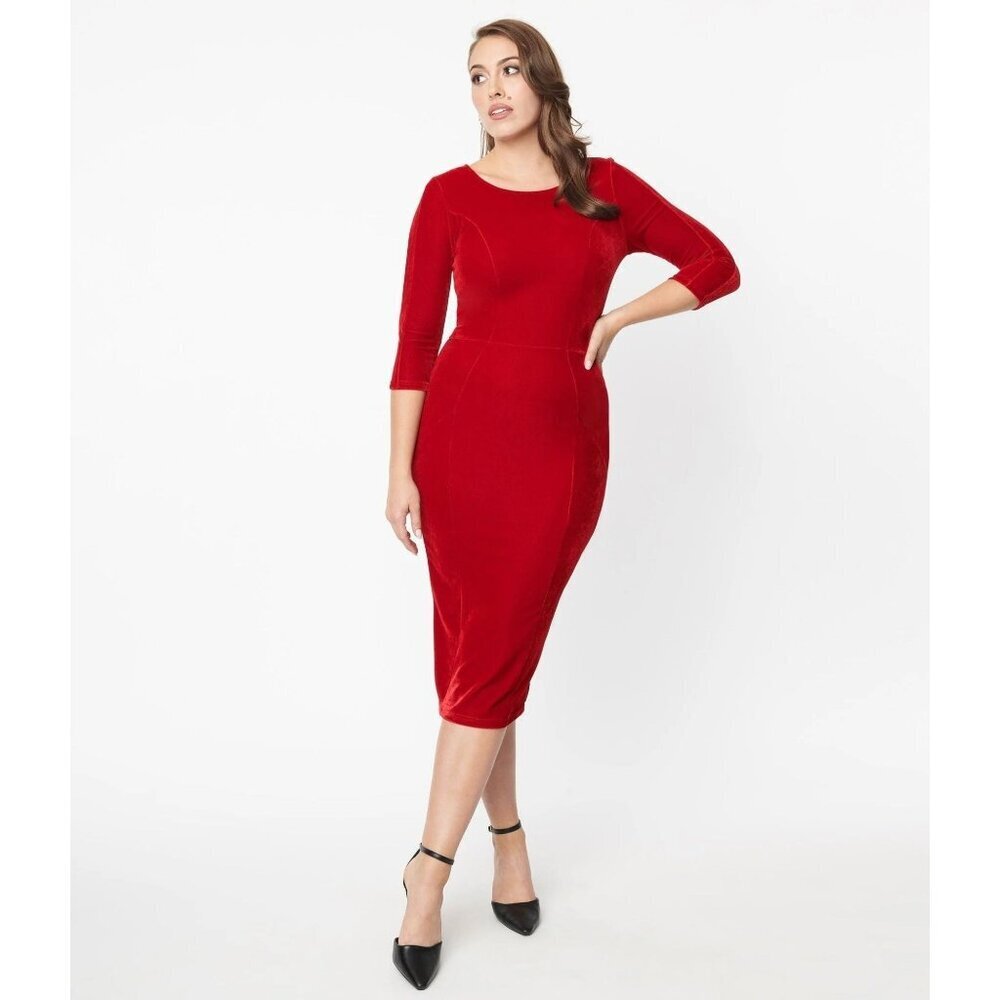 Unique Vintage Burgundy Velvet Bodycon Wiggle Dress - XL/14